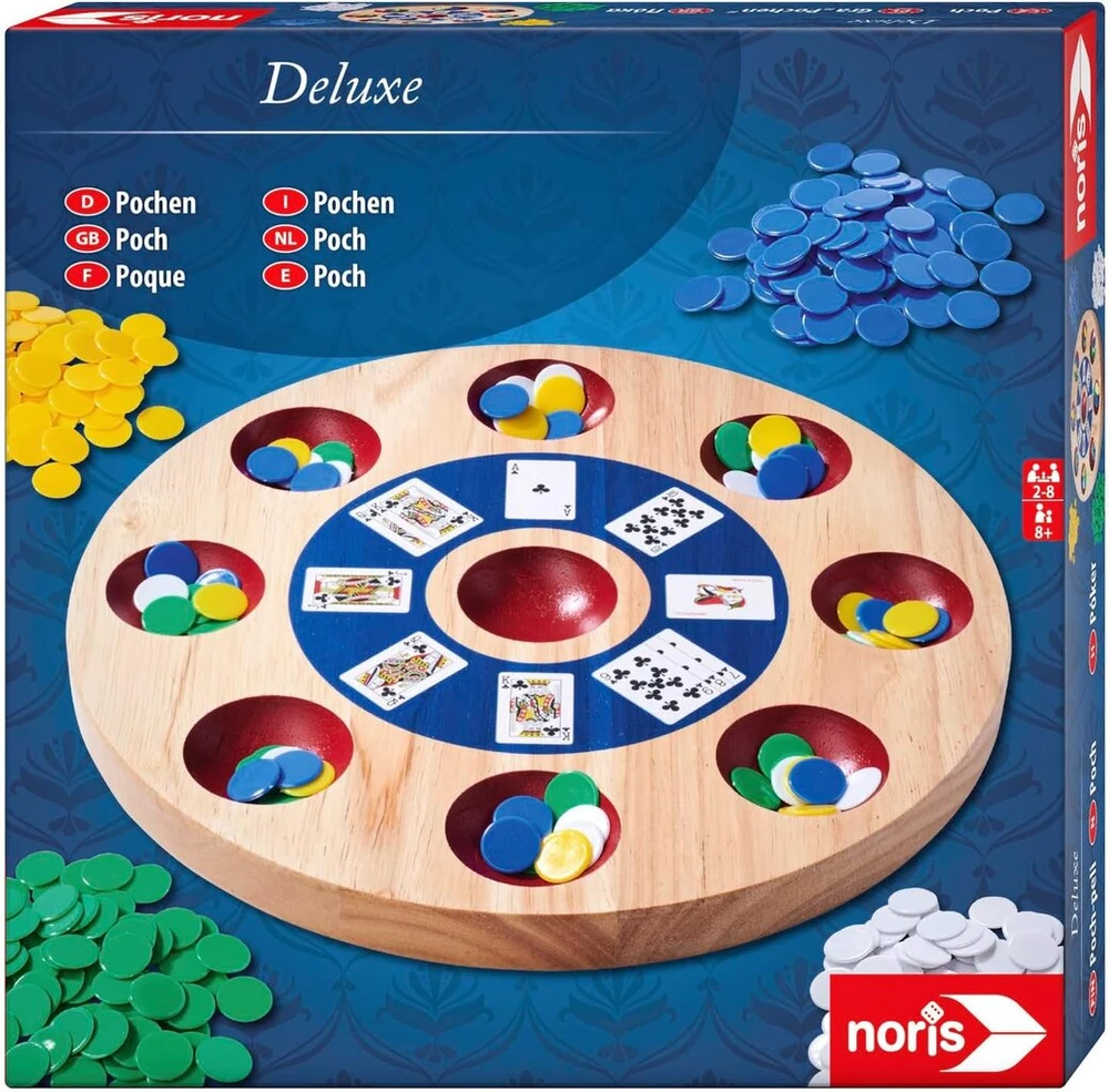 Noris Spiele Noris 606101984 Deluxe Throbbing nuo 8 metų - medinė žaidimo lenta su 300 žetonų 2-8 žaidėjams (kortos nepridedamos)