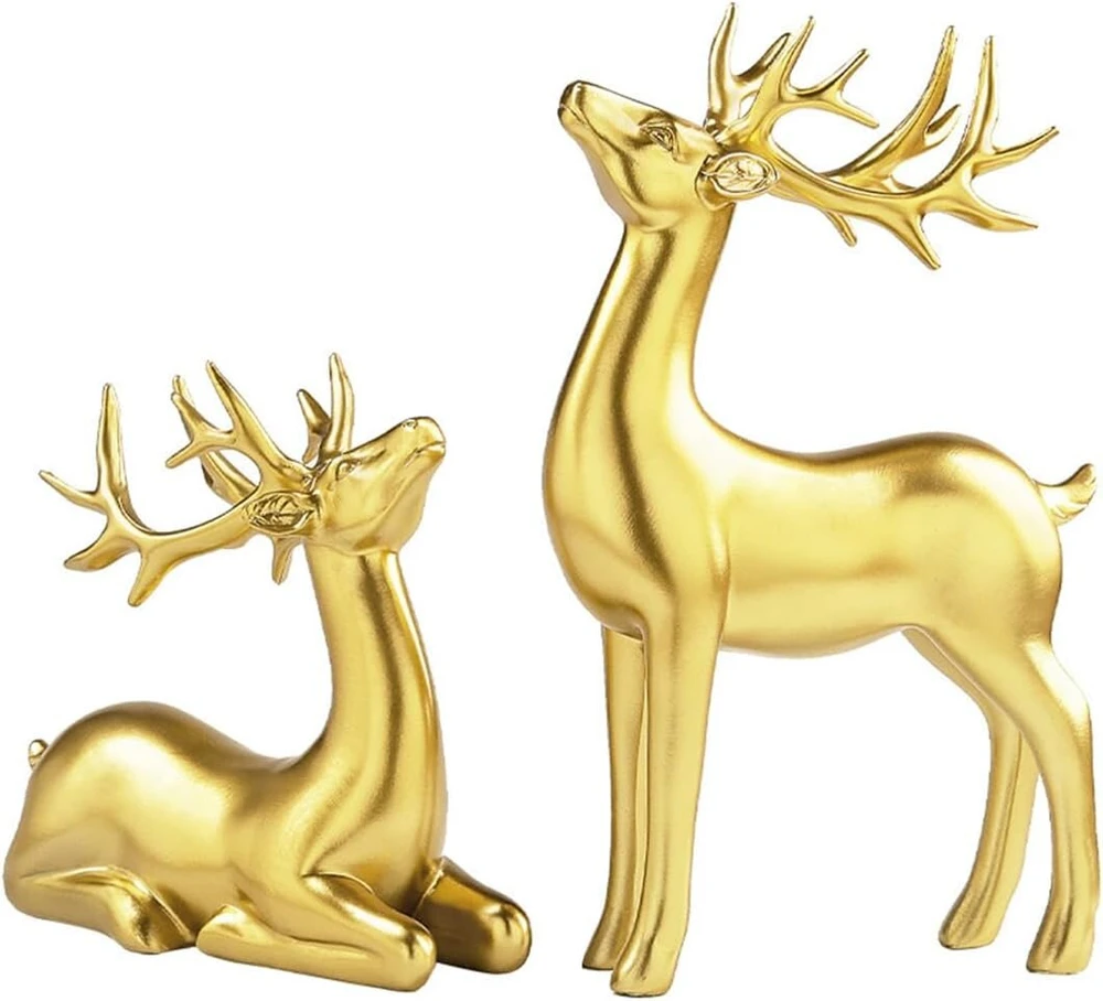 Nuzamas 2 auksinės elnio statulėlės, auksinės elnio statulos, dervos elnio miniatiūrinė figūrėlė, svetainės dekoracija, kalėdinės elnio dekoracijos namų dekoravimui viduje