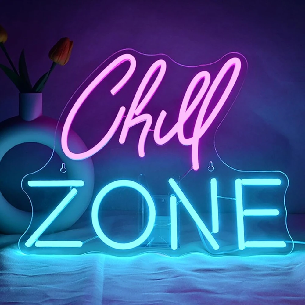 Nyxen chill zone neoninis ženklas, pritemdomas 39 cm x 32 cm led ženklas, šviesos ženklai ant sienos, šviesos ženklai parduotuvių, virtuvių, valgomųjų, namų barų dekoravimui, sienų menas, dovanos
