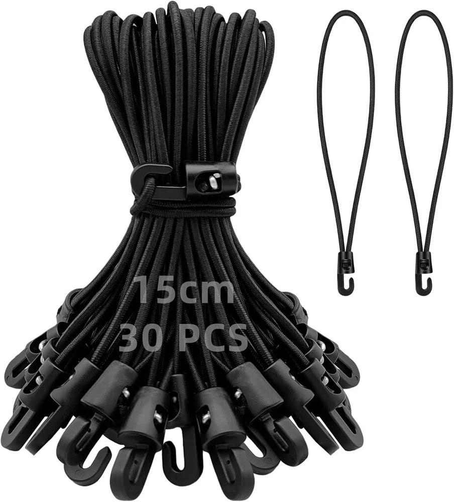 Obidodi įtempimo elastinės juostos su kabliukais, 15 cm, 30 vnt. pakuotė, ekspanderiai su kabliukais, tentų įtempikliai, palapinės guma, guminiai įtempikliai tinklams, reklamoms, stovyklavimui, juodi