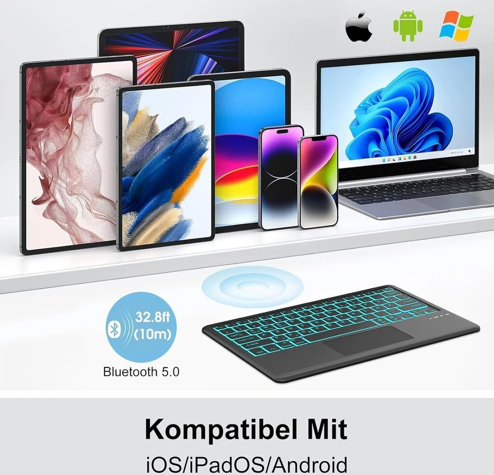 Occtingkind, bluetooth klaviatūra, skirta ipad/android planšetiniams kompiuteriams, vokiškas qwertz išdėstymas, 12 colių belaidė klaviatūra, apšvietimas, kelių lietimų valdymo blokas, skirta ipad/samsng tab/lenovo, juoda