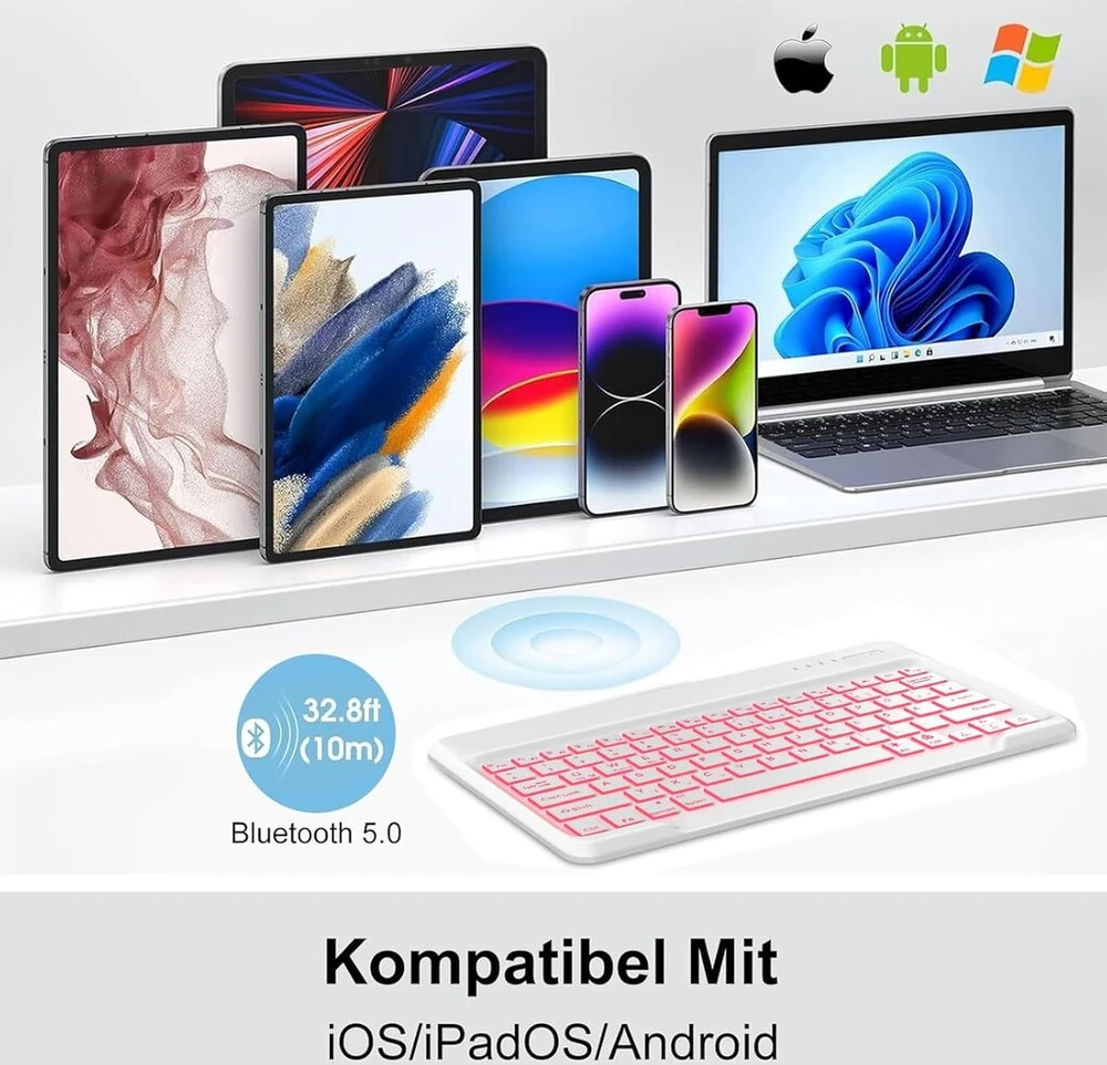 Occtingkind, bluetooth klaviatūra, skirta ipad/android planšetiniams kompiuteriams, vokiškas išdėstymas qwertz, 12 colių belaidė magnetinė klaviatūra su apšvietimu, skirta ipad/samsng galaxy tab/lenovo, balta