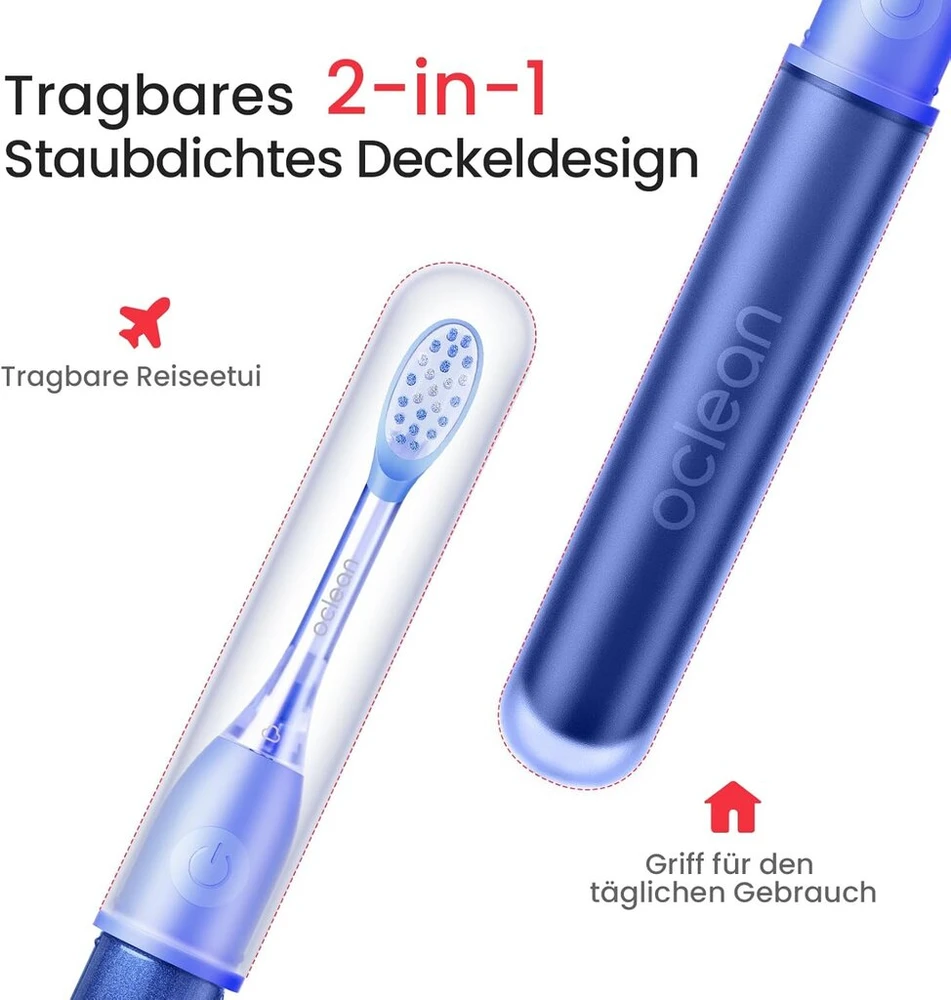 Oclean Ease elektrinis dantų šepetėlis mėlynas, nešiojamas soninis dantų šepetėlis tinkamas kelionėms, usb įkraunamas dantų šepetėlis su 3 šepetėlių galvutėmis, soninis elektrinis dantų šepetėlis su laikmačiu, 2 valymo režimai su sieniniu laikikliu