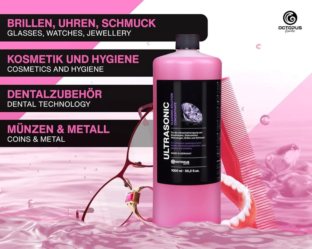 Octopus specialus ultragarsinis valiklis, koncentratas naudojimui ultragarsiniuose įrenginiuose, akinių valiklis, higieniškas juvelyrinių dirbinių valiklis (500 ml)