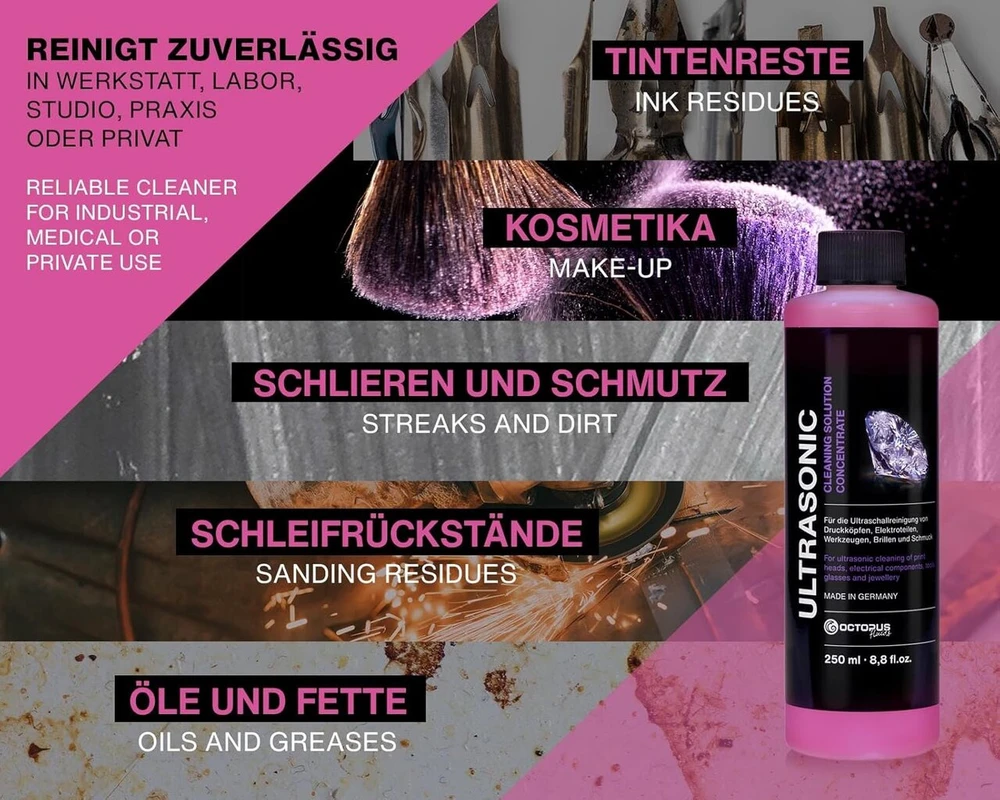 Octopus specialus ultragarsinis valiklis, koncentratas naudojimui ultragarsiniuose įrenginiuose, akinių valiklis, higieniškas juvelyrinių dirbinių valiklis (500 ml)