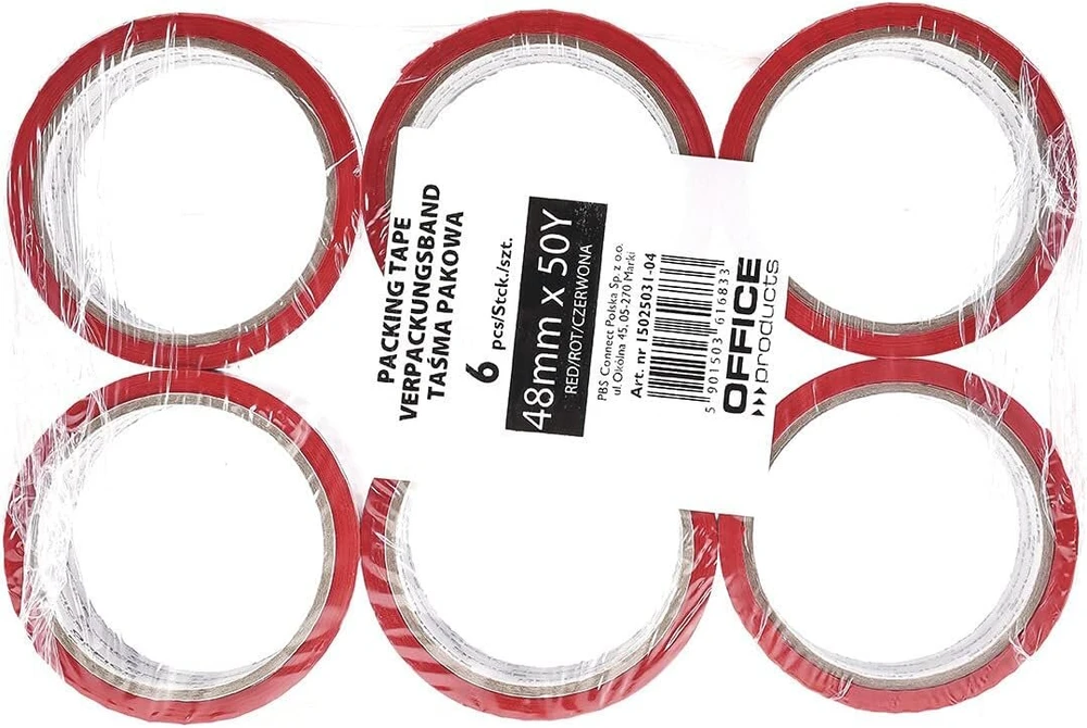 Officer products 15025031-04 pakavimo juosta, spalva: raudona / 6 ritinėliai / plotis 48 mm x ilgis 46 m / spalvota pp pakavimo juosta su akriliniais klijais / pakavimo juosta / pakavimo juosta