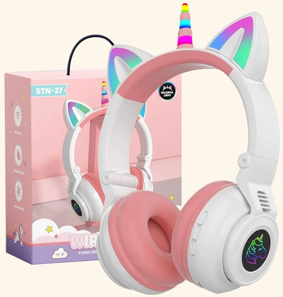 Ohaanyy Belaidės ausinės vaikams, Bluetooth ausinės vienaragis sulankstomos, mergaitėms su laidu ir mikrofonu ausinės vaikams su Led šviesa stereo ausinės mobiliesiems telefonams/planšetiniams Kompiuteriams/pc (baltos)