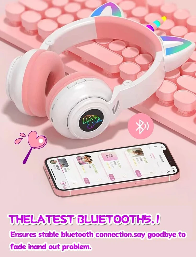 Ohaanyy Belaidės ausinės vaikams, Bluetooth ausinės vienaragis sulankstomos, mergaitėms su laidu ir mikrofonu ausinės vaikams su Led šviesa stereo ausinės mobiliesiems telefonams/planšetiniams Kompiuteriams/pc (baltos)