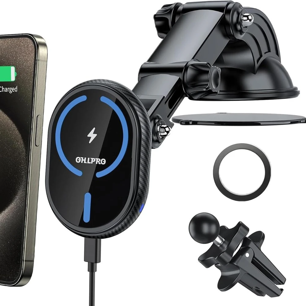 Ohlpro automobilinis laikiklis su magsafe ir iphone 16 pro max/ 16 pro/16, iphone 15/14/13/12 serijoms, 360° reguliuojamas prietaisų skydelio priekinio stiklo telefono laikiklis su įkrovimo funkcija