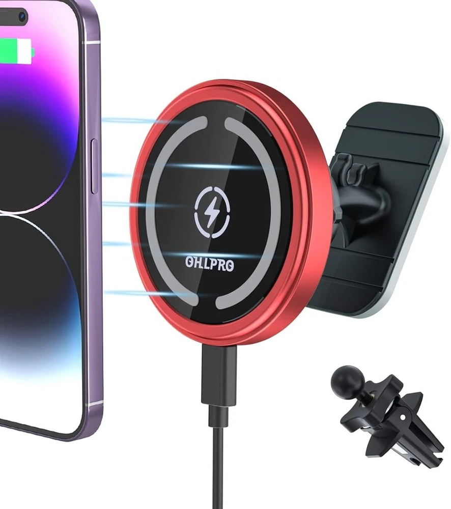 Ohlpro magsafe automobilinis laikiklis-įkroviklis, magnetinis automobilinis mobiliojo telefono laikiklis su įkrovimo funkcija, belaidė automobilinė įkrovimo stotelė, skirta iphone 16 15 14 13 12 serijoms, automatinis išlygiavimas [super stilingas premium