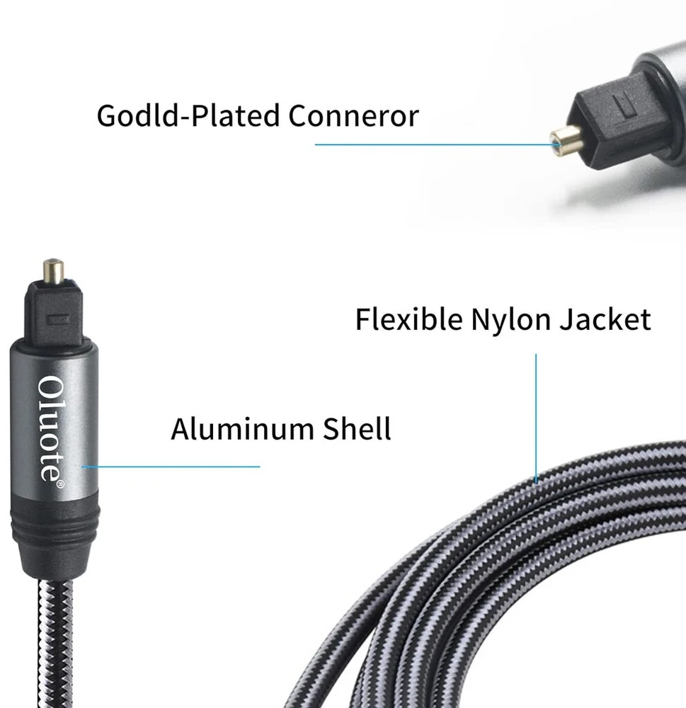 Oluote optinis audio kabelis, toslink kabelis, aliuminio korpusas, abs jungtis, skaitmeninis optinis kabelis soundbar, televizoriui, ps4, XBOX, žaidimų konsolei ir daugiau (1.5 m)