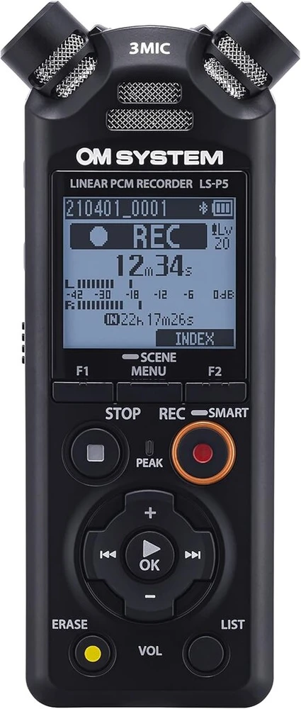 Diktofonas Om system ls-p5 hi-res garso įrašymo įrenginys su tresmic ii 3 mikrofonų sistema, plačiu krypties valdymu, integruotu bluetooth ausinių stebėjimui ir išmaniojo telefono valdymui, 16 gb atmintimi, 37 valandų veikimo trukme