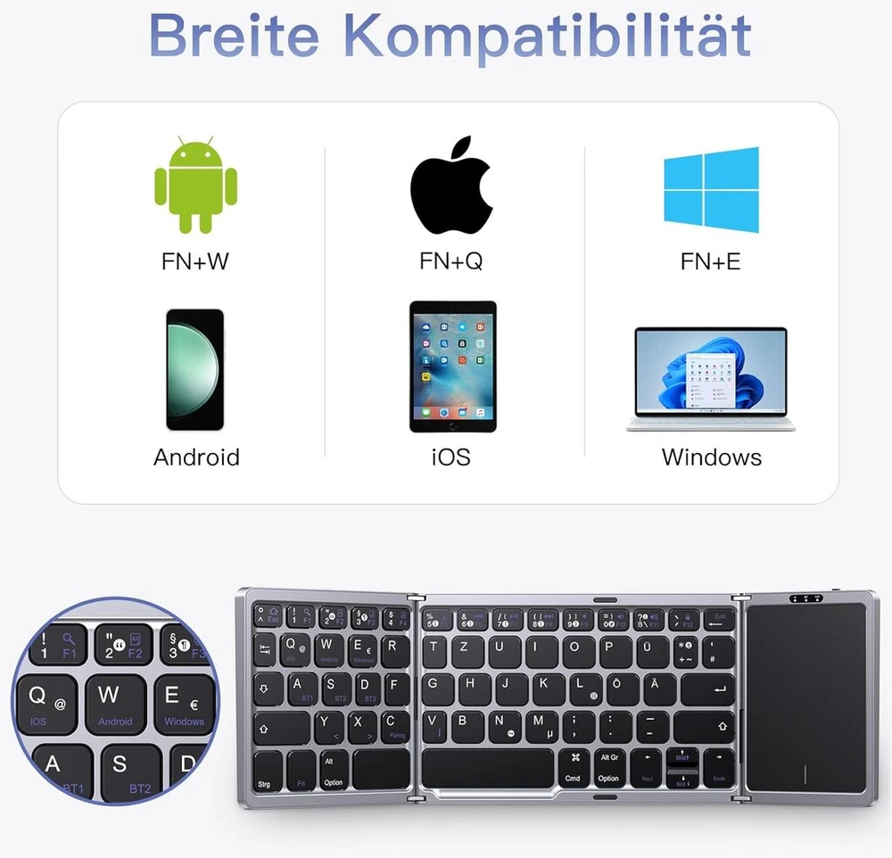 Omoton Sulankstoma Bluetooth klaviatūra su lietimskydeliu, daugiaįrenginio, įkraunama
