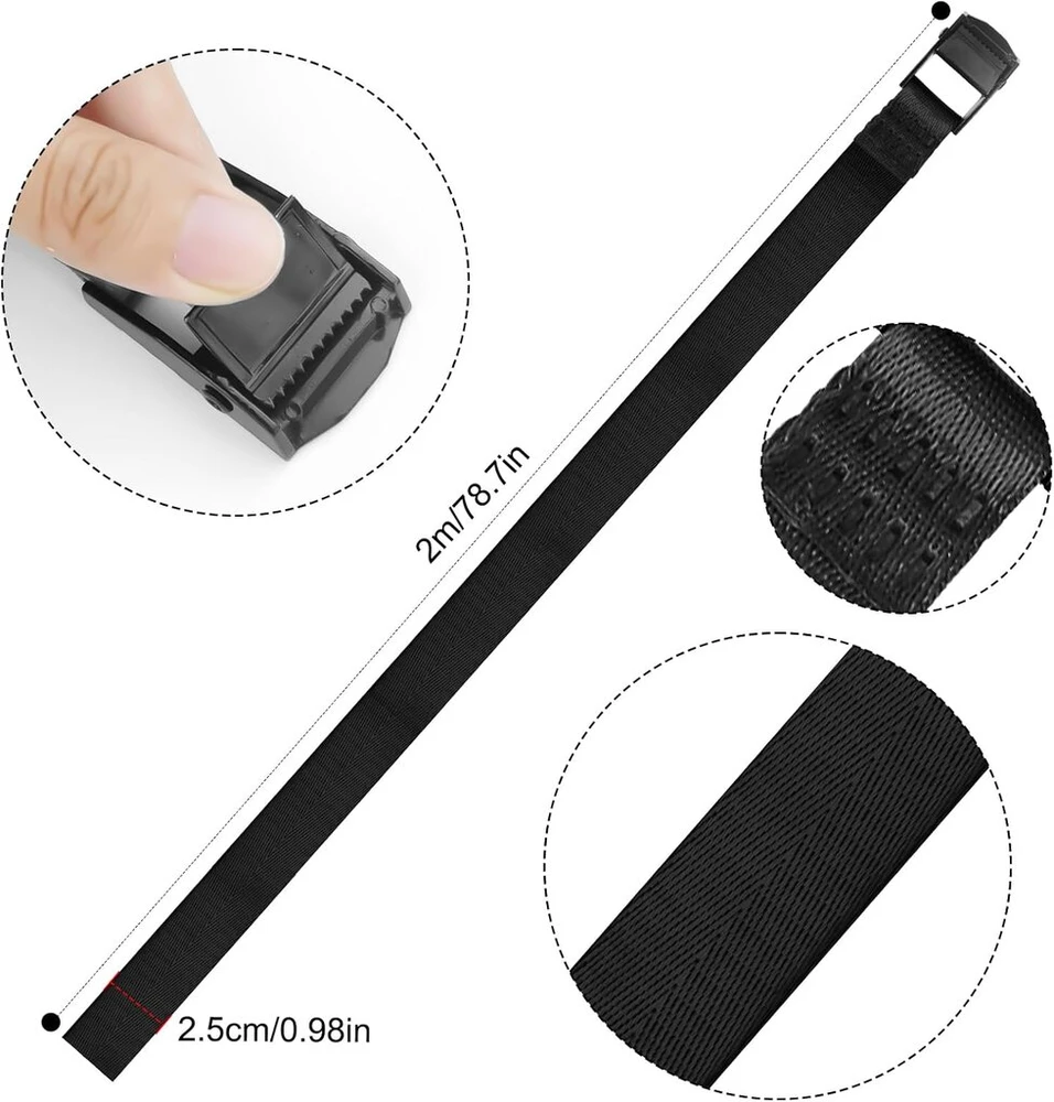 Omsscun 5 trumpų diržų su reketu rinkinys 2 m x 2,5 cm, juodas tvirtinimo diržas, dviračių laikiklis, maži tvirtinimo diržai stovyklavimui, bagažui, automobiliui, dviračiui, maišų vežimėliui, motociklui