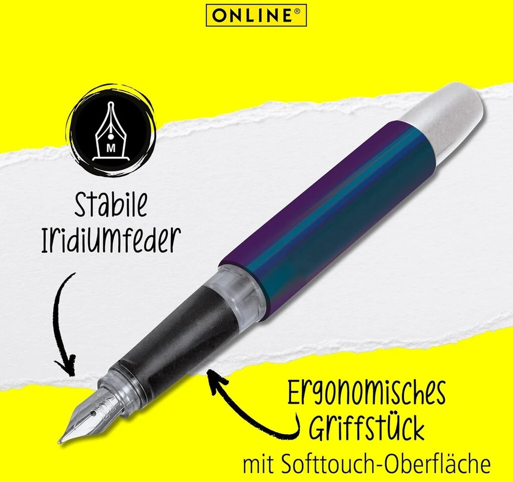 Online Campus Colour Line rašalinis plunksnakotis dešiniarankiams, ergonomiška rankena, standartinės rašalo kasetės su aukštos kokybės iridžio plunksnos galiuku