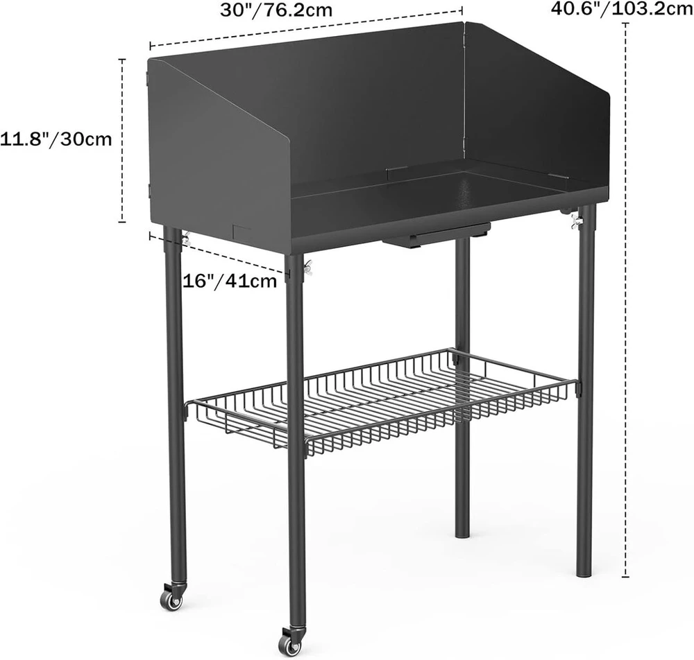Onlyfire stalas olandų orkaitei 76 x 41 cm, lauko kepsninės vežimėlio stalas su apsauga nuo vėjo, lentyna ugnies puodui, kepimo indui ir kepsninės priedams