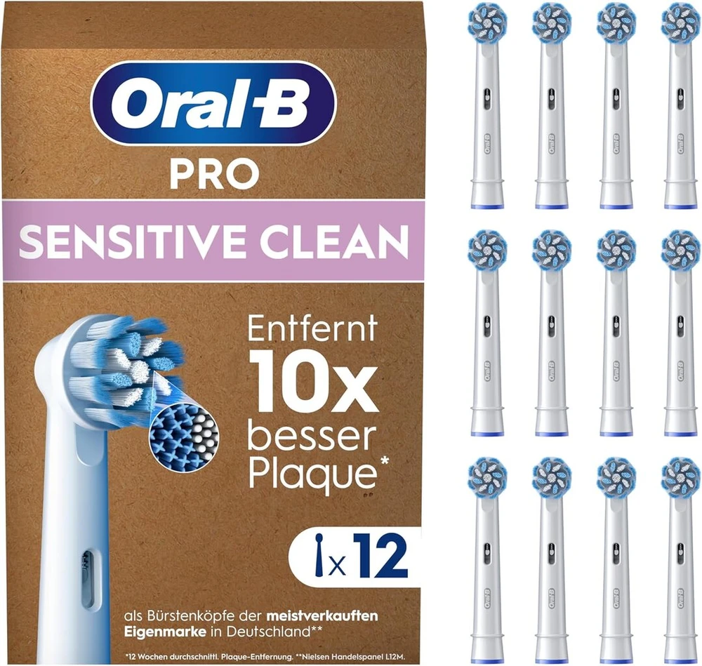 Oral-b Pro Sensitive Clean elektrinių dantų šepetėlių galvutės, 12 vnt. pakuotė, švelnus dantų valymas, X formos šereliai, originalus Oral-b dantų šepetėlių priedas, supakuota į pašto dėžutę