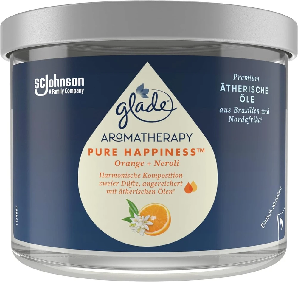 Orange Glade Aromatherapy eterinių aliejų kvapni žvakė, Pure Happiness, Glade kvapni žvakė su eteriniais aliejais Oranžinis + Neroli, 4 x 260 g