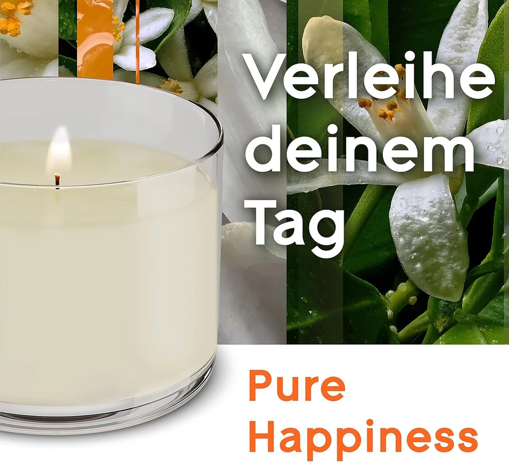 Orange Glade Aromatherapy eterinių aliejų kvapni žvakė, Pure Happiness, Glade kvapni žvakė su eteriniais aliejais Oranžinis + Neroli, 4 x 260 g