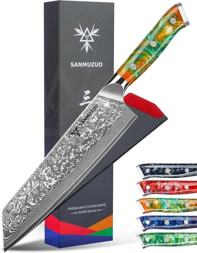Sanmuzuo Kiritsuke Damasko peilis, 22 cm šefo peilis, Xuan serija, Vg10 Damasko plieno virtuvinis peilis, dervos rankena (fantastic Oranžinis)