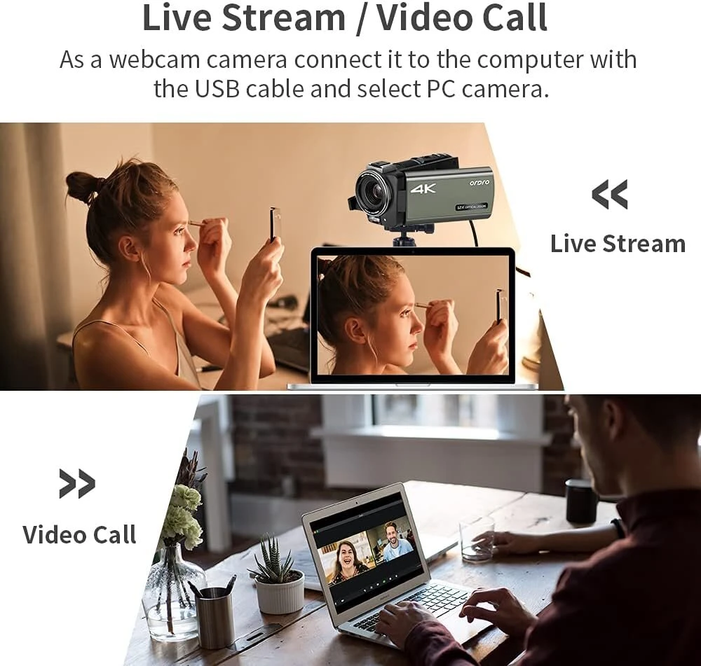 Ordro ax65 vaizdo kamera 4k vaizdo kamera tiesioginei transliacijai youtube vlogams 12x optinis priartinimas 3.5 colio ips ekranas 1080p 60 kadrų per sekundę įrašymas su rankiniu stabilizatoriumi