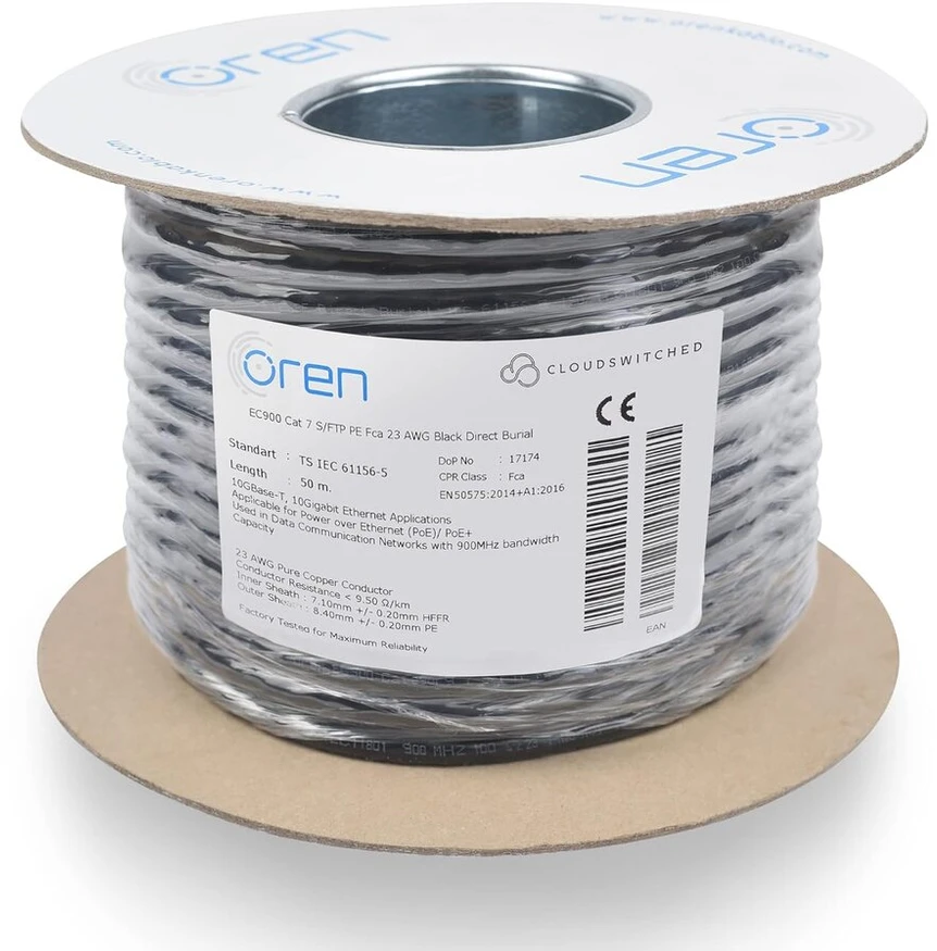 Oren Cat7 50m ethernet kabelis naudojimui lauke - tiesioginis įkasimas į žemę - 23awg gryno vario viela - 900mhz pralaidumas s/ftp interneto lan tinklo kabelis, be halogenų, nekorozinis - 10gbe