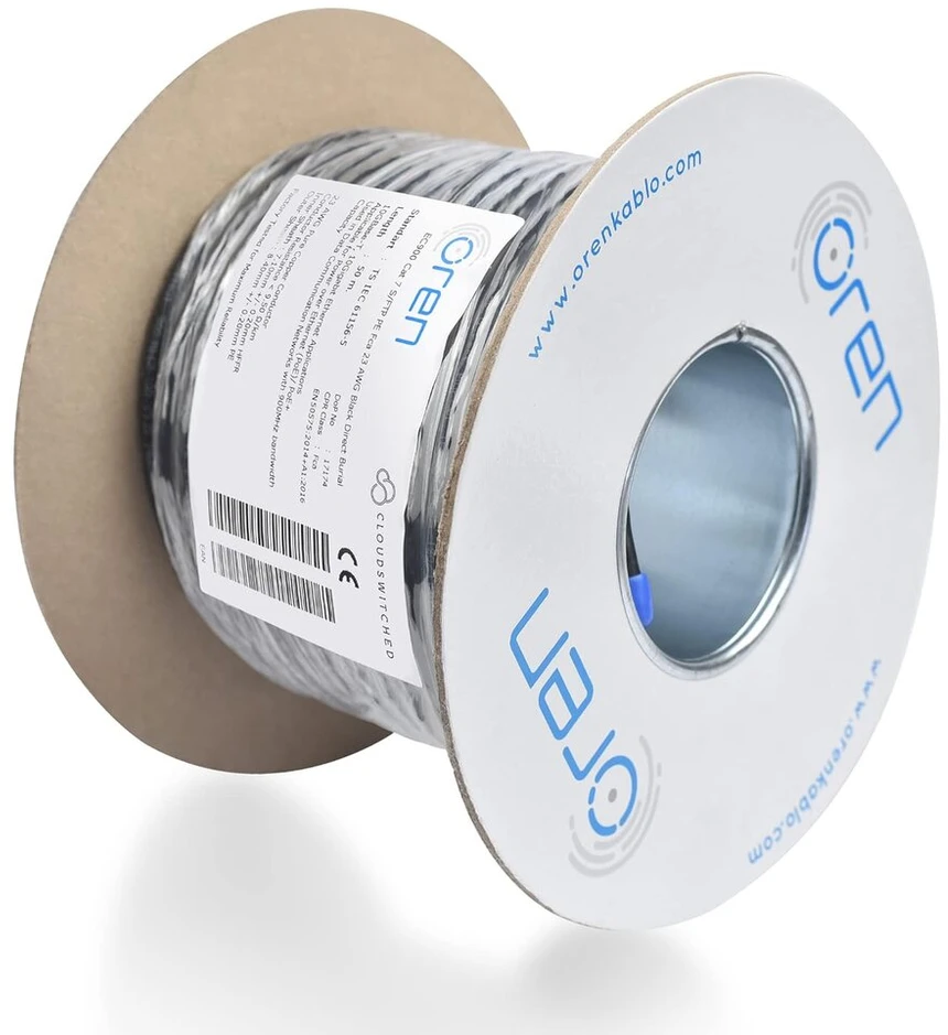 Oren Cat7 50m ethernet kabelis naudojimui lauke - tiesioginis įkasimas į žemę - 23awg gryno vario viela - 900mhz pralaidumas s/ftp interneto lan tinklo kabelis, be halogenų, nekorozinis - 10gbe
