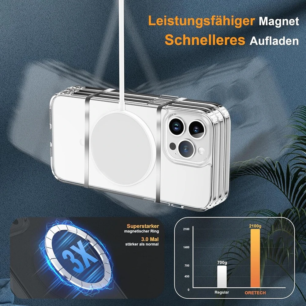 Oretech magnetinis dėklas, skirtas iphone 13 pro max, suderinamas su mag-safe, 2 x ekrano apsaugos, mobiliojo telefono dėklas iphone 13 pro max, smūgiams atsparus apsauginis skaidrus dėklas iphone 13 pro max, skaidrus