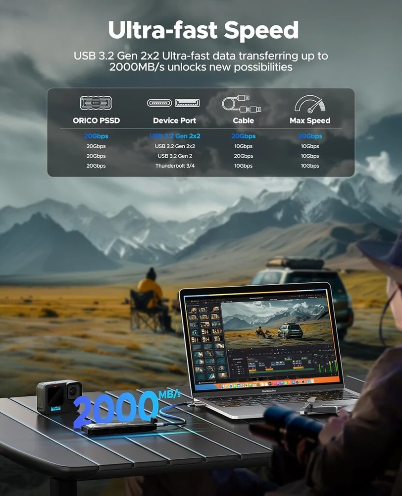 Orico Extreme Portable Ssd 2tb, Usb 3.2 Gen 2x2, tvirtas išorinis kietasis diskas su 2000 Mb/s skaitymo, 1800 Mb/s rašymo greičiu, 20 Gbps, idealus lauko redaktoriams - O20