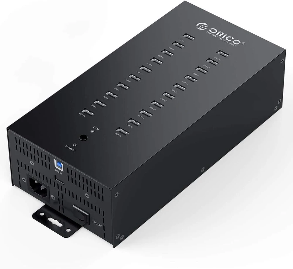 Orico pramoninis usb šakotuvas, 20 prievadų, pramoninės klasės usb 2.0 šakotuvas su 150 w galia, pilnas metalinis korpusas, didelės spartos duomenų perdavimas