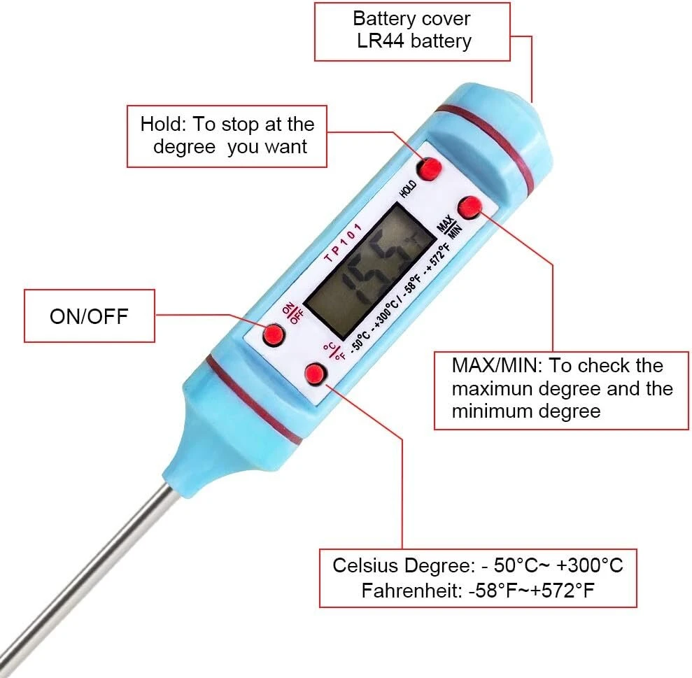 Oujilet virtuvės termometras, 2 vnt., universalus buitinis termometras, skaitmeninis maisto gaminimo termometras, virtuvės termometras, mėsos termometras, skaitomas 50°c - 300°c, °c/°f perjungiamas termometras su