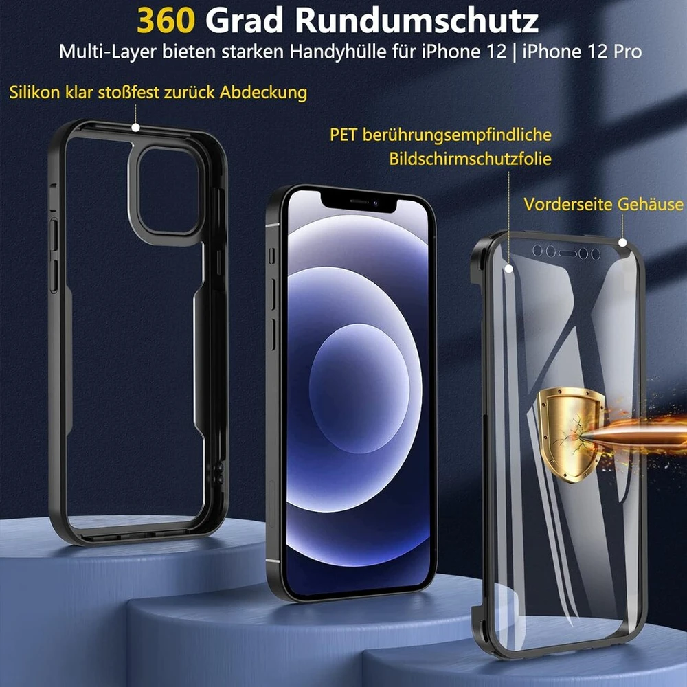 Owkey dėklas, skirtas iphone 12, iphone 12 pro, 360 laipsnių visapusiška apsauga, smūgiams atsparus mobiliojo telefono dėklas, skysto silikono buferio dėklas su įmontuota ekrano apsauga, lauko dangtelis, apsauginis dėklas, juodas