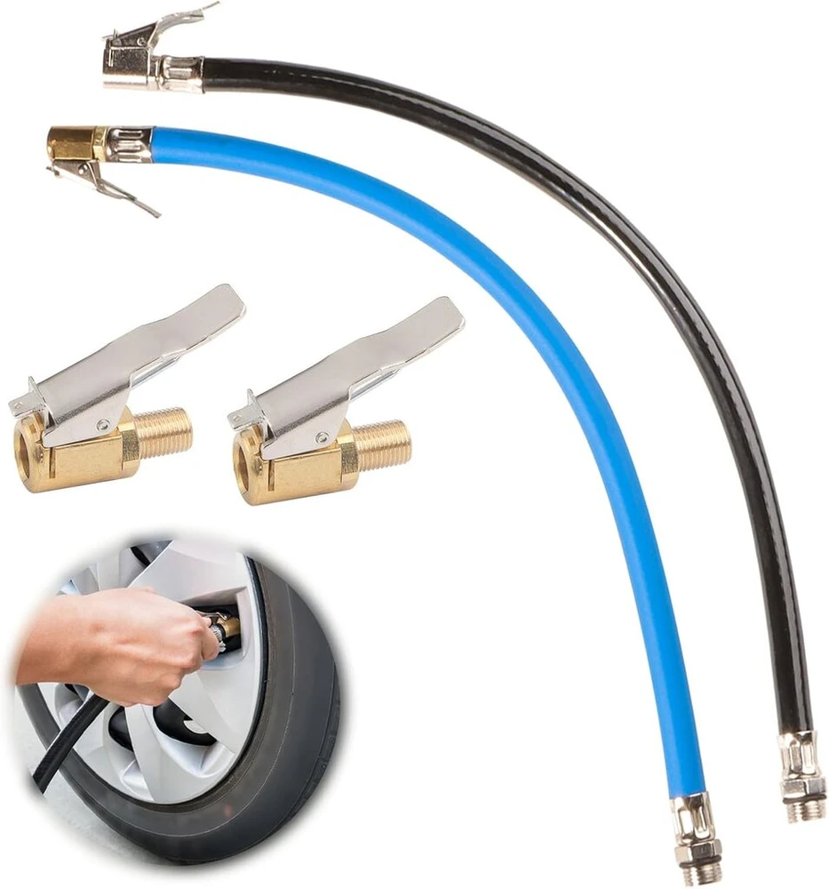 Padangų pripūtimo žarna 36,5 cm ilgio su 2 x 8 mm schrader ventilio svirties jungtimi, oro griebtuvu, padangų pripūtimo žarnos ventilio prailginimo adapteriu, motociklo dviračio automobilio ventilio kištuko ventilio jungties žarnomis