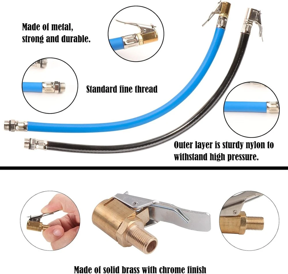 Padangų pripūtimo žarna 36,5 cm ilgio su 2 x 8 mm schrader ventilio svirties jungtimi, oro griebtuvu, padangų pripūtimo žarnos ventilio prailginimo adapteriu, motociklo dviračio automobilio ventilio kištuko ventilio jungties žarnomis