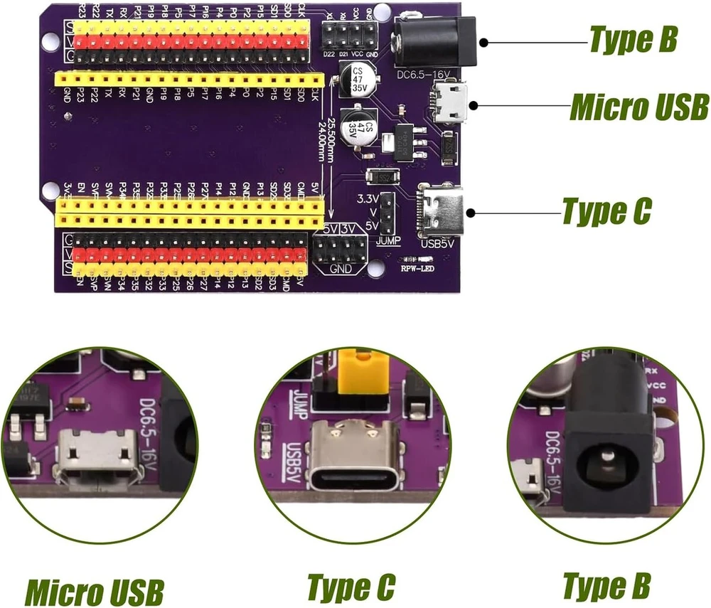 Pagrindinė plokštė 2 vnt. 38 kontaktų esp32 išvadų plokštė esp32 32 io plokštė esp32 plėtiklis kontaktų tarpams 25,5 mm esp32 kūrimo plokštė (2)