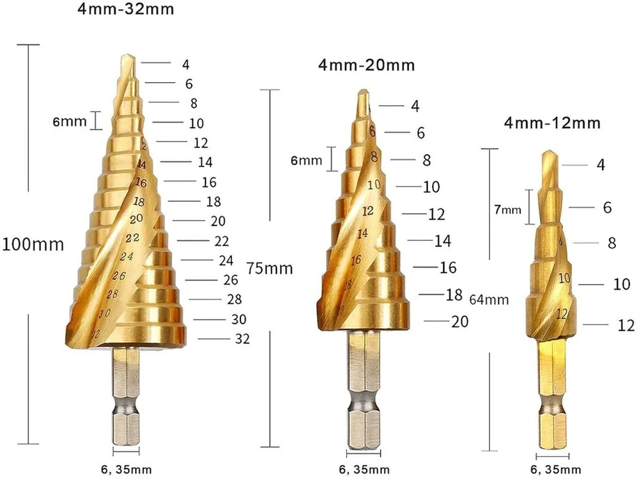 Pakopinis grąžtas [skersmuo 4–12 mm], spiralinis pakopinis grąžtų rinkinys, grąžto laikiklio grąžtas, kūginis grąžtas, kūginis grąžtas, skirtas metalui, plienui, minkštam metalui, medžiui, plastikui