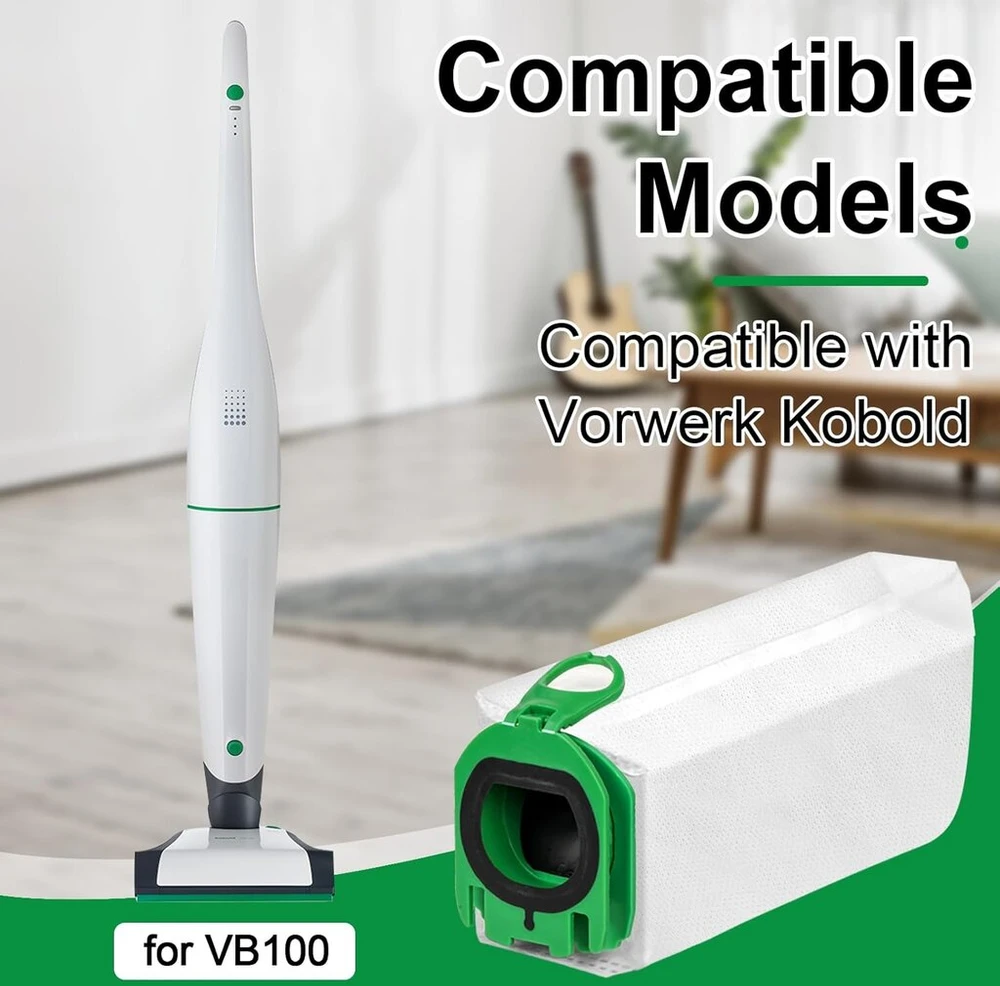 Pakuotė: 12 dulkių siurblių maišelių, skirtų Vorwerk Kobold Vb100, su 4 variklio apsaugos filtrais ir valymo šepečiu, Kobold Fp100 Premium filtro maišeliai, dulkių maišelių pakaitalas, suderinamas su Kobold Vb100