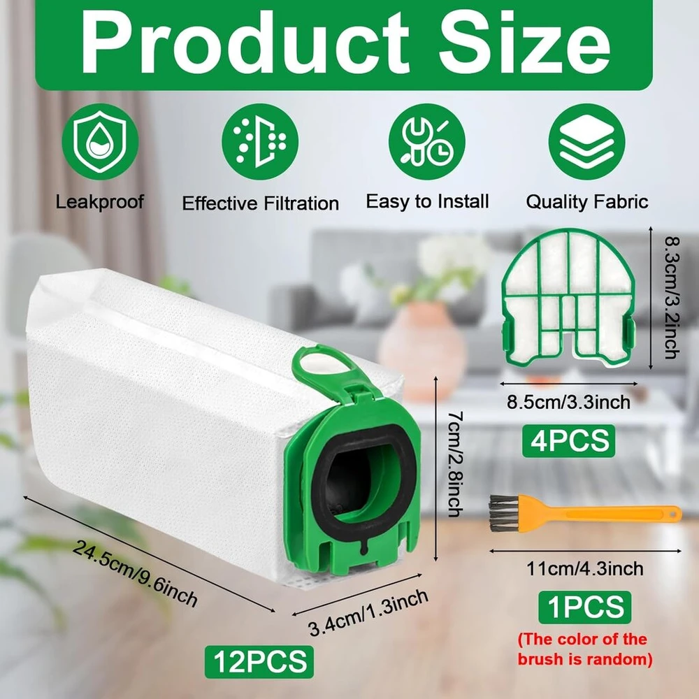 Pakuotė: 12 dulkių siurblių maišelių, skirtų Vorwerk Kobold Vb100, su 4 variklio apsaugos filtrais ir valymo šepečiu, Kobold Fp100 Premium filtro maišeliai, dulkių maišelių pakaitalas, suderinamas su Kobold Vb100