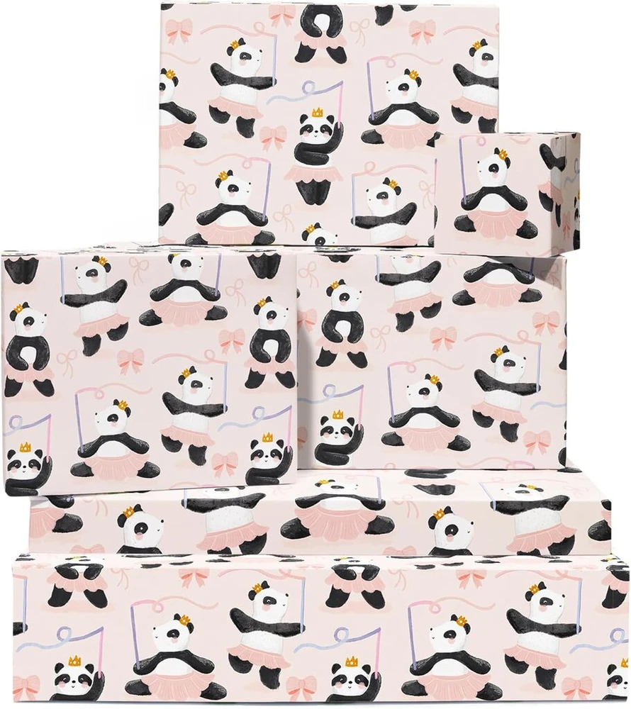Panda dovanų popierius - 6 lapai gimtadienio dovanų popierius - Panda balerina, baletas - Kaspinas - Mergaitėms kūdikio sutiktuvių dovanų popierius - Rožinis - Perdirbamas - Central 23