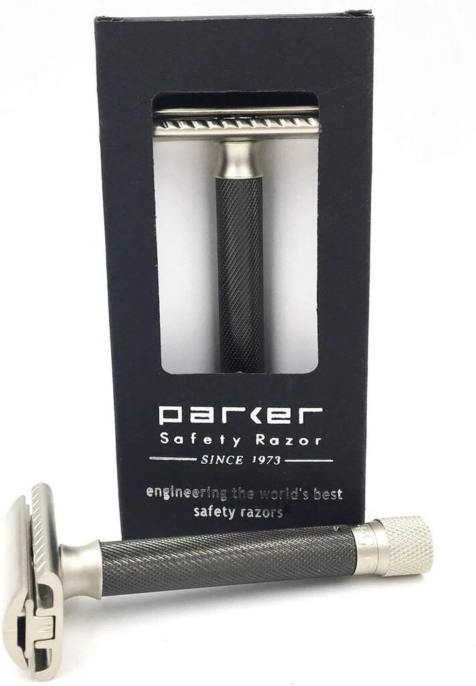 Parker Safety Razor Variant reguliuojamas skustuvas su matine chromo apdaila ir galvanizuota grafito spalvos rankena - be ašmenų