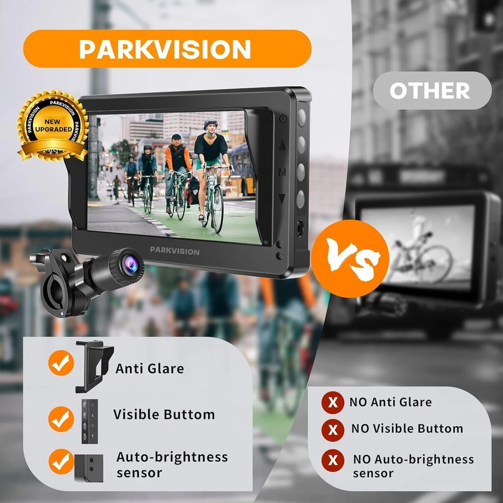 Parkvision atbulinės eigos kamera dviračiui su tikru 4,3 colių ahd 1080p monitoriumi, dviračio galinio vaizdo veidrodėlis, puikus naktinis matymas, 8000 mah įkraunama baterija, dviračio veidrodėlis