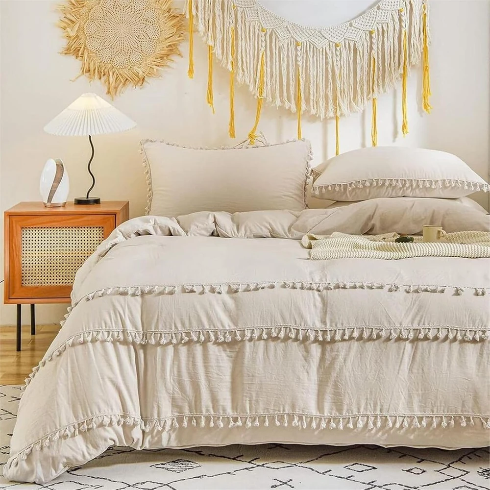Patalynės komplektas Freyamy boho antklodės užvalkalas 220 x 240 cm + 2 pagalvių užvalkalai 65 x 65 cm fringe beige bohemiška patalynė dvigulei lovai suaugusioms mergaitėms antklodės užvalkalas pagamintas iš 100% mikropluošto, skalbtas su užtrauktuku
