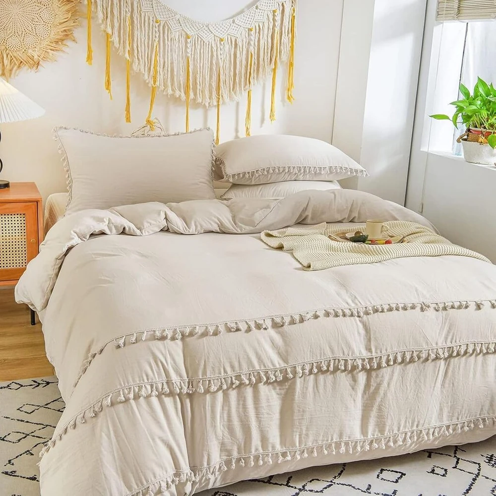Patalynės komplektas Freyamy boho antklodės užvalkalas 220 x 240 cm + 2 pagalvių užvalkalai 65 x 65 cm fringe beige bohemiška patalynė dvigulei lovai suaugusioms mergaitėms antklodės užvalkalas pagamintas iš 100% mikropluošto, skalbtas su užtrauktuku