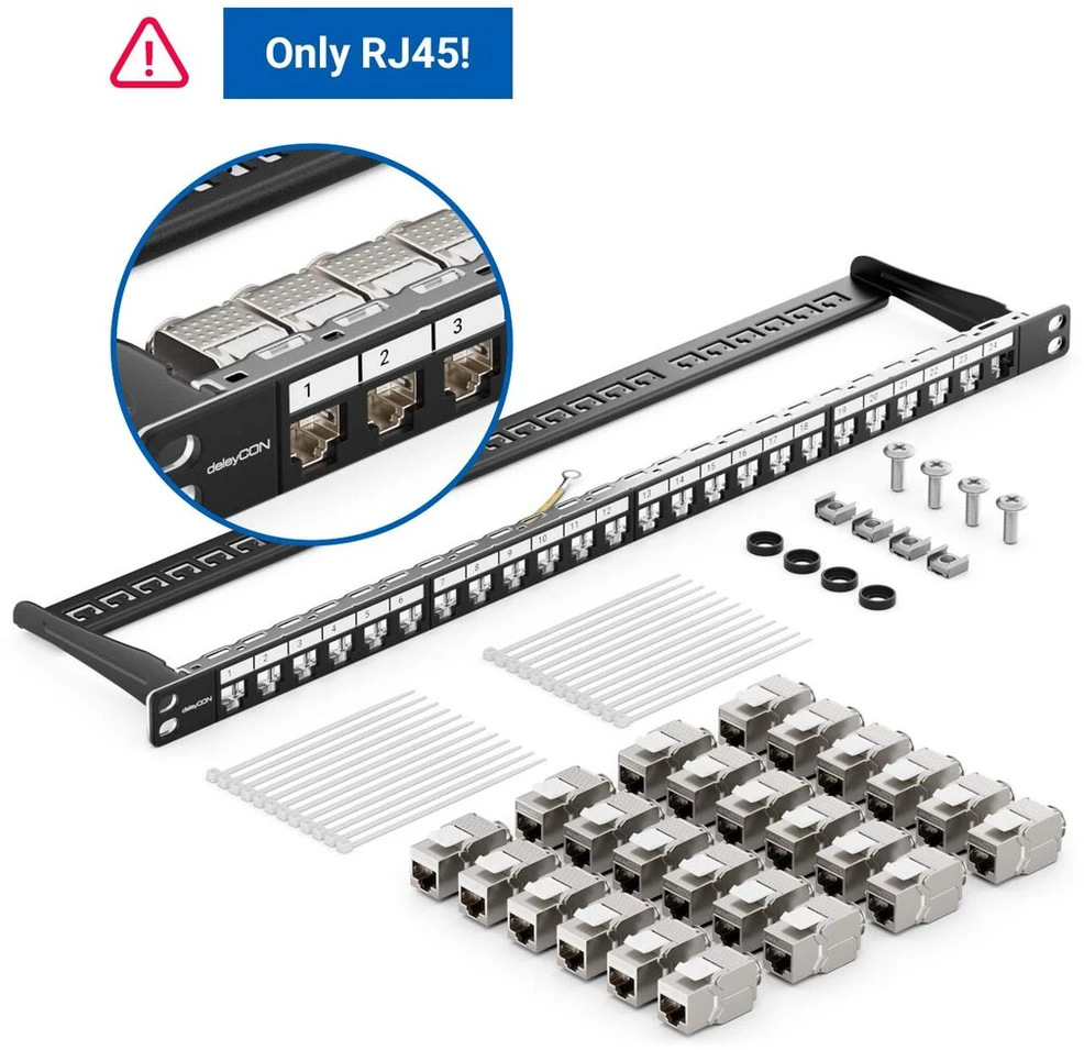 Patch Panel Cat 6a 24 prievadai 10 Gbit/s 19" 0.5u su Rj45 moduliais