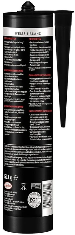 Pattex Montage High Tack, montavimo klijai su labai stipria pradine adhezija, klijai be tirpiklių, skirti beveik visoms medžiagoms, klijai, skirti naudoti patalpose ir lauke, 1 x 511 g, patronas