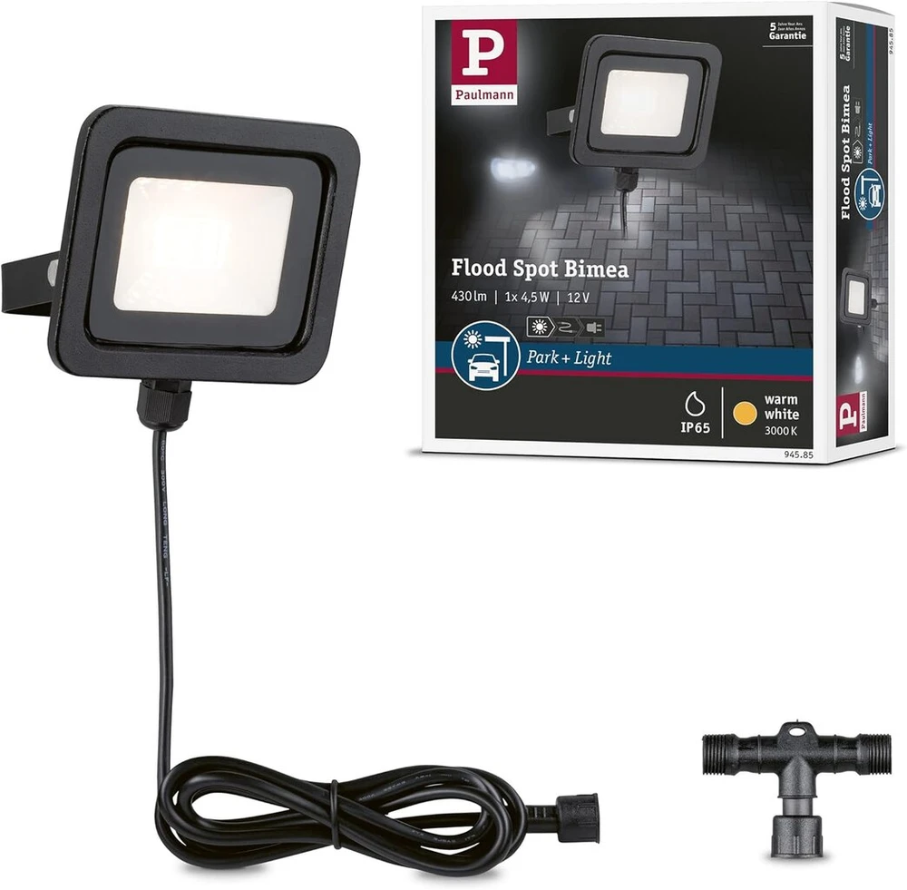 Paulmann 94585 Park + Light Led lauko prožektorius Bimea Ip65 kvadratinis su 1 x 4.5 W šiltai balta juoda metalinė garažo lemputė 3000 K
