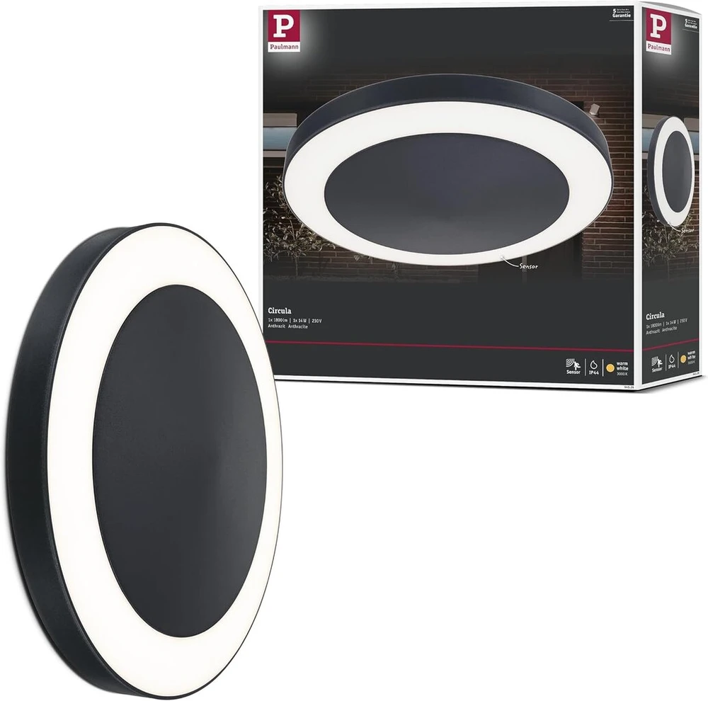 Paulmann Circula 94526 Led lauko lubinis šviestuvas su prieblandos / judesio jutikliu Ip44 apvalus, įskaitant 1 x 14 W šiltai baltą antracito spalvos plastikinį 3000 K