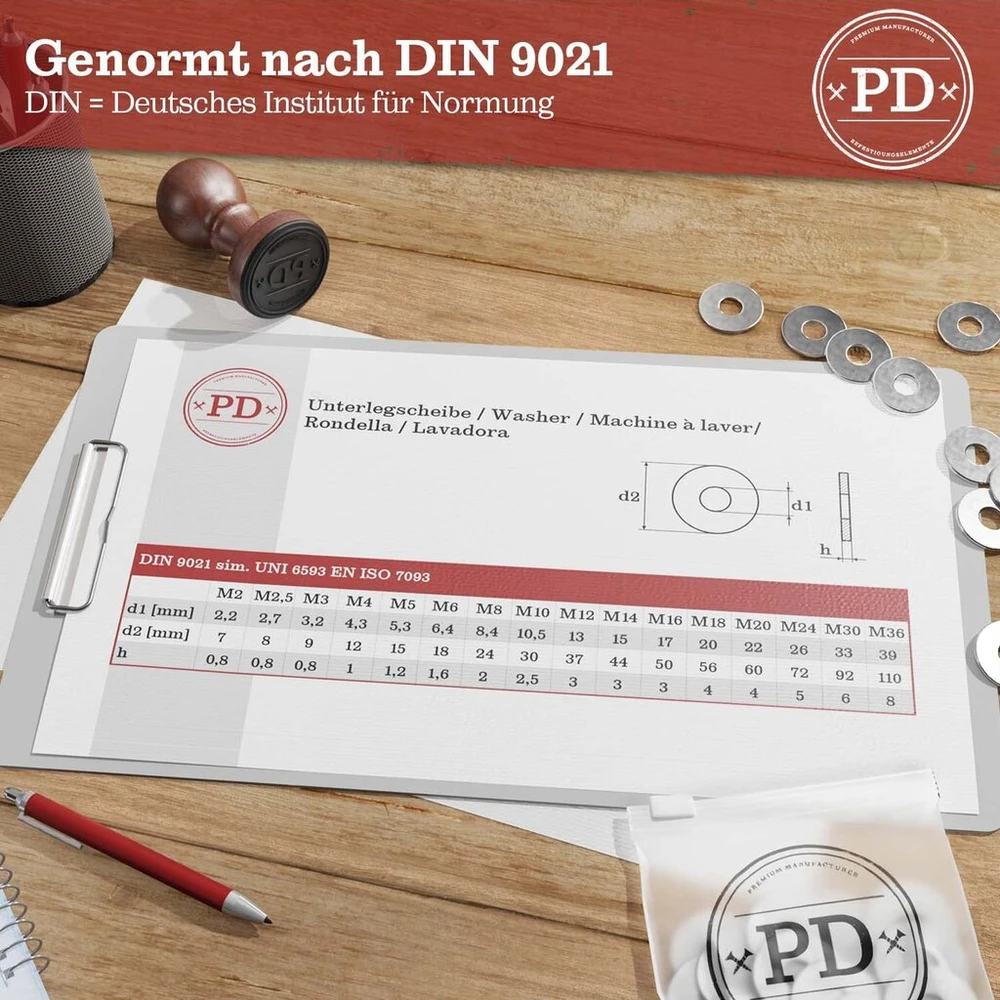 Pd® didelės poveržlės M8 (din 9021 / Iso 7093) | aukštos kokybės A4 V4a nerūdijančio plieno korpuso poveržlės | nerūdijančios plieno poveržlės su dideliu išoriniu skersmeniu | 25 vnt.