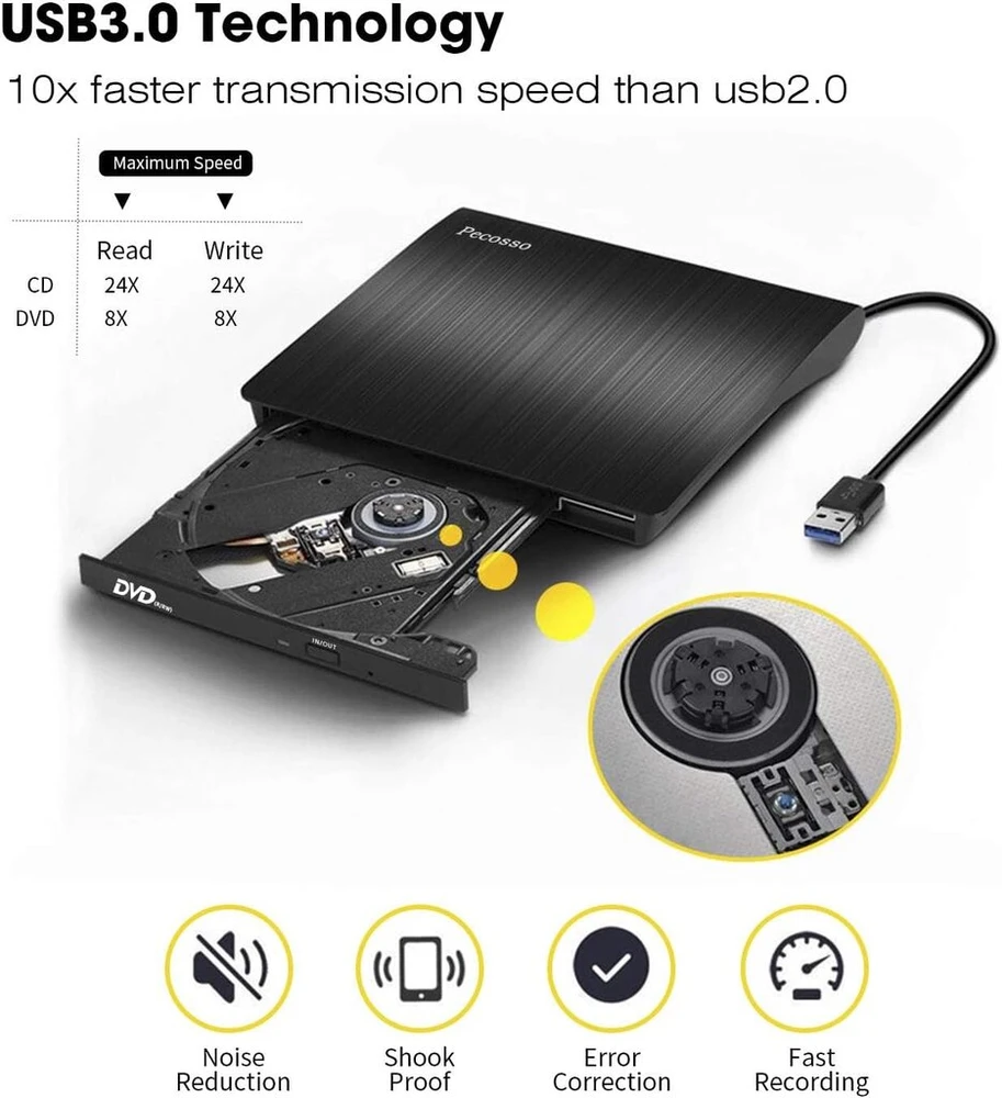 Pecosso išorinis cd/dvd įrenginys, usb 3.0, nešiojamas plonas cd/dvd-rw rašytuvas visiems nešiojamiesiems/staliniams kompiuteriams, juodas
