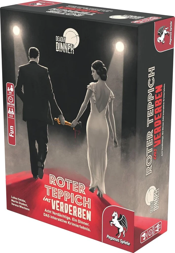 Pegasus Spiele 19010g - Deadly Dinner - Raudona Carpet to Ruin - nusikaltimų vakarienė namuose - 6–8 žaidėjai - nusikaltimų žaidimai suaugusiems - nusikaltimų vakarienės žaidimas